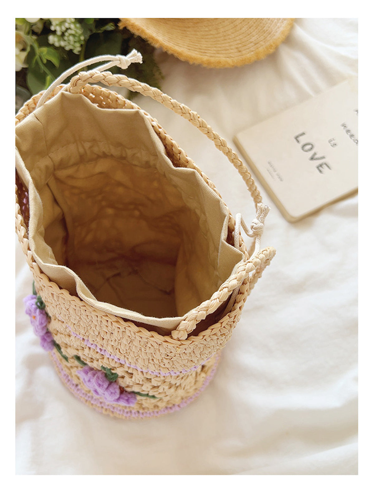 Women’s Floral Raffia Shoulder Bucket Bag Lavender Straw Bag for Beach, Vacation & Summer Outfits