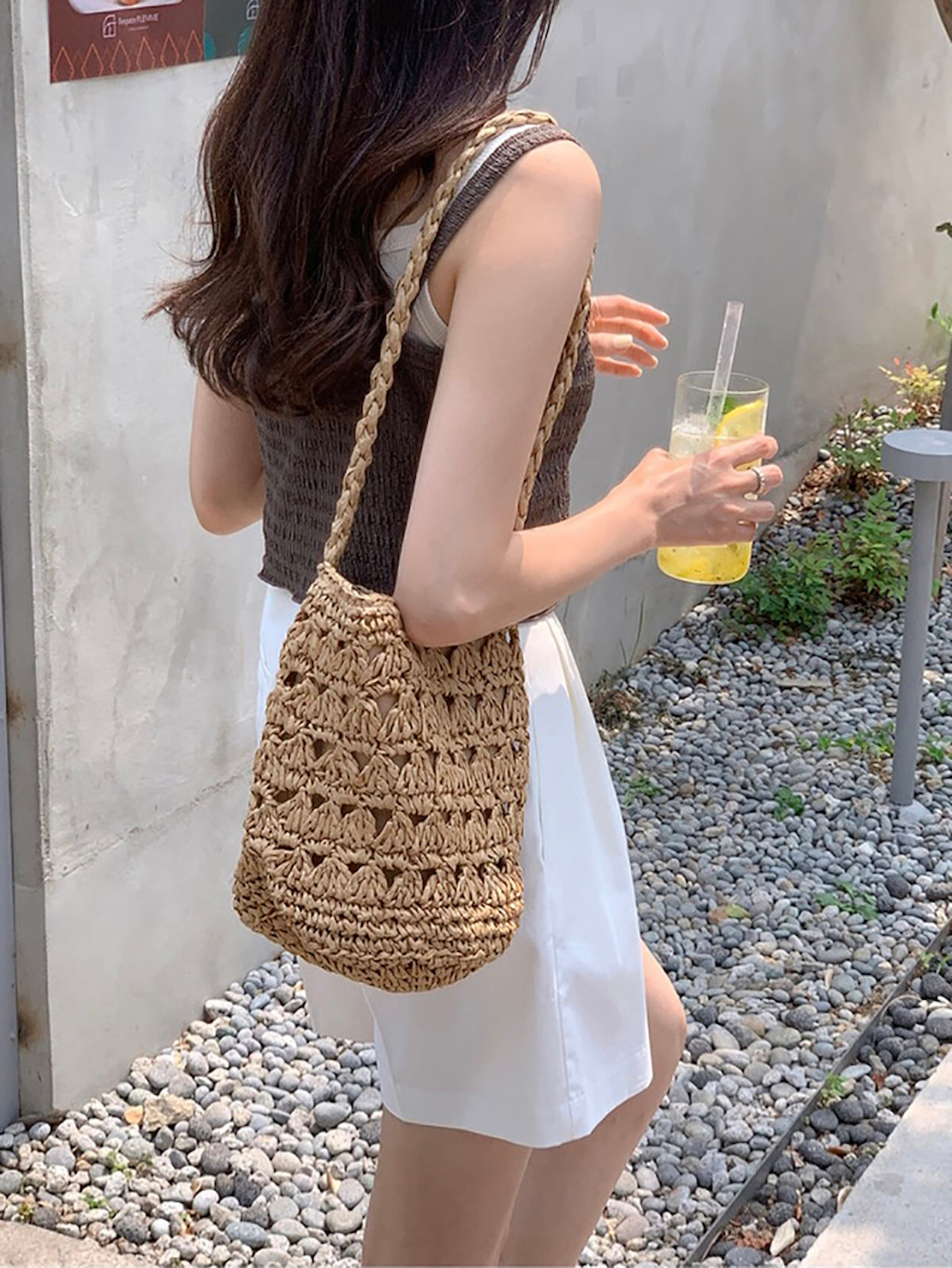 Women’s Patterned Straw Shoulder Bucket Bag for Beach, Vacation & Summer Outfits