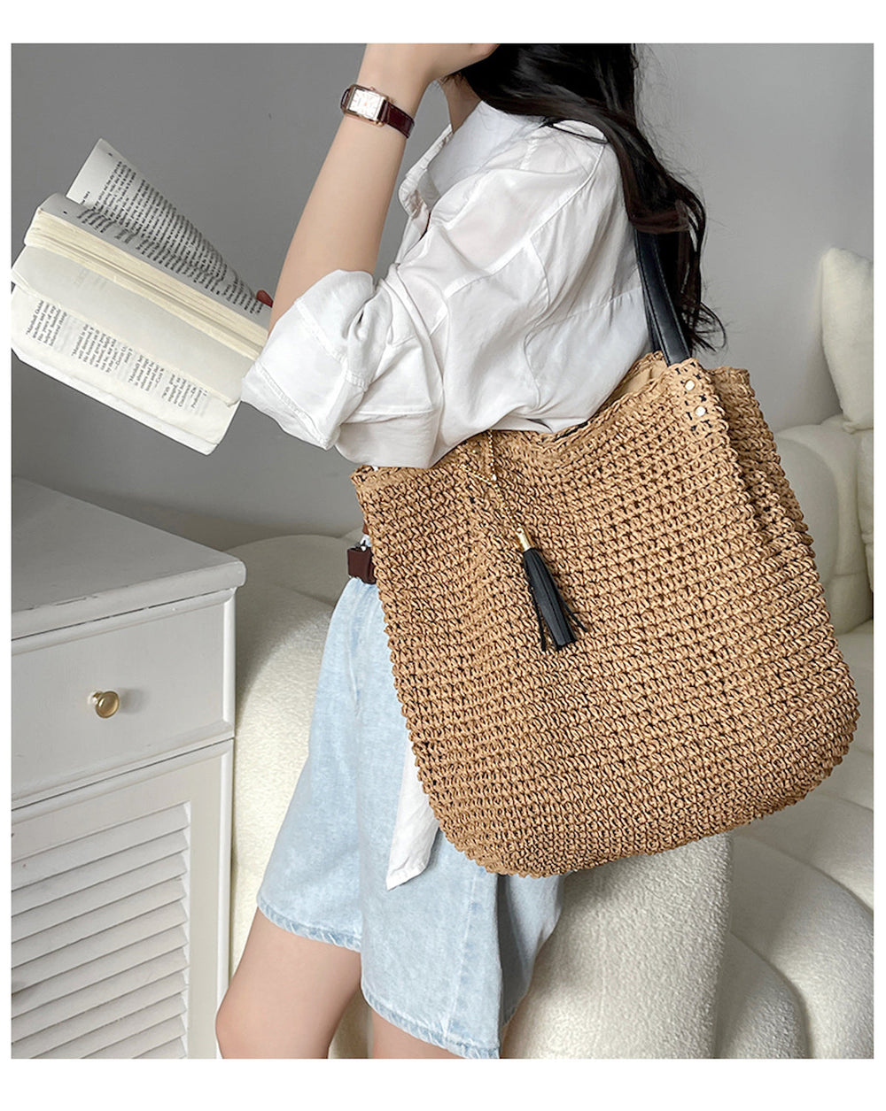 Geflochtene Damen-Basttasche mit Lederriemen und Quaste für Strand, Urlaub und Sommer-Outfits