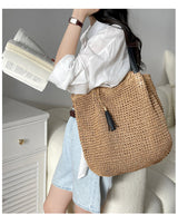Women’s Straw Woven Tote with Leather Straps and Tassel for Beach, Vacation & Summer Outfits