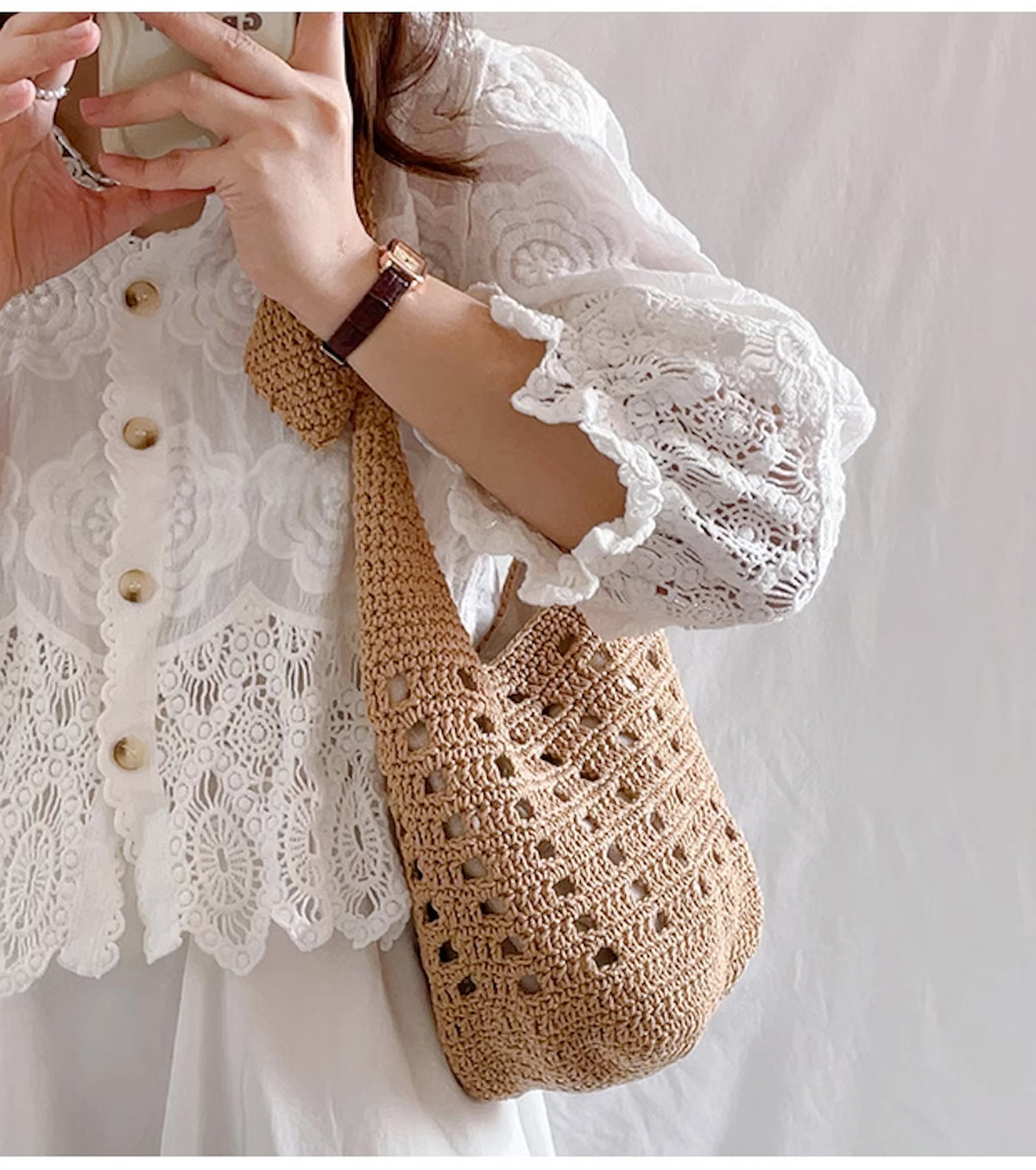Women’s Crochet Cotton Bucket Shoulder Bag for Boho Everyday Style & Gifts