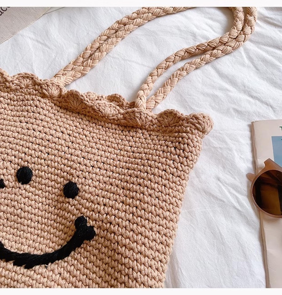 Women’s Cotton Knit Smiley Face Shoulder Bag Purse for Boho Everyday Style & Gifts