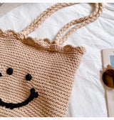Women’s Cotton Knit Smiley Face Shoulder Bag Purse for Boho Everyday Style & Gifts
