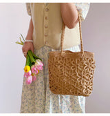 Women’s Long Handle Floral Design Straw Beach Tote for Beach, Vacation & Summer Outfits