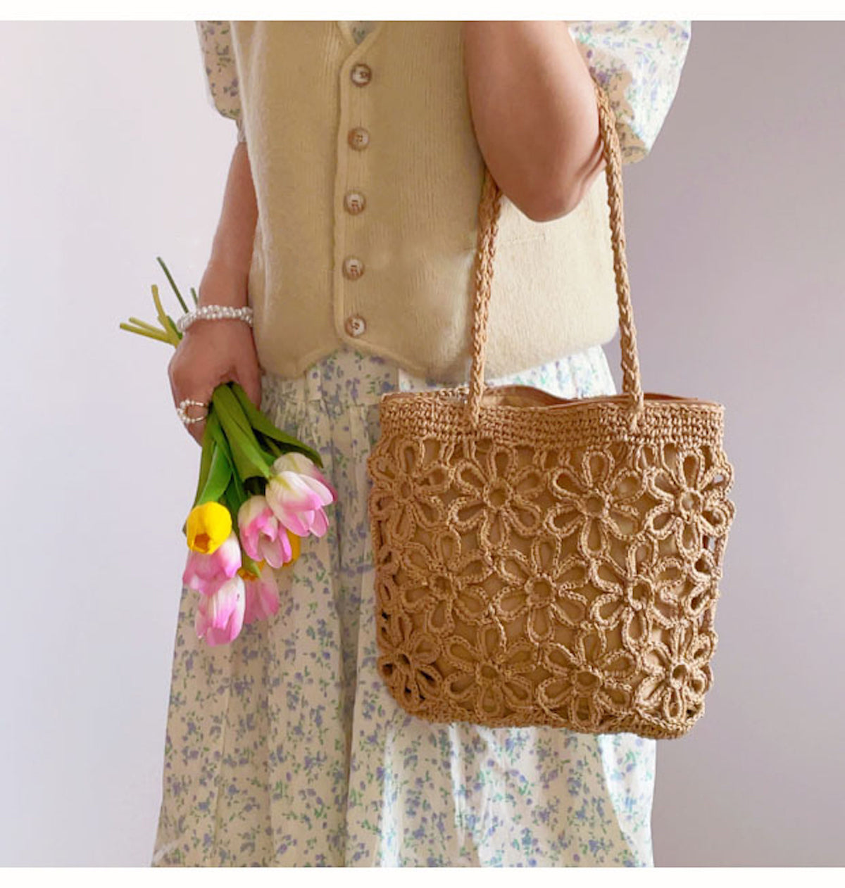 Women’s Long Handle Floral Design Straw Beach Tote for Beach, Vacation & Summer Outfits