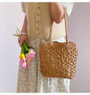 Women’s Long Handle Floral Design Straw Beach Tote for Beach, Vacation & Summer Outfits