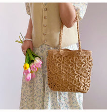 Women’s Long Handle Floral Design Straw Beach Tote for Beach, Vacation & Summer Outfits