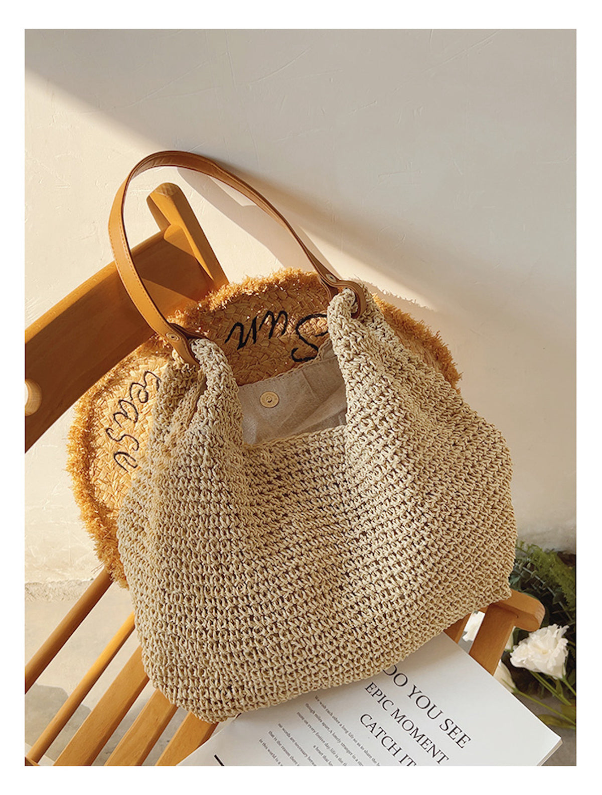 Women’s Straw Woven Tote with Leather Straps for Beach, Vacation & Summer Outfits