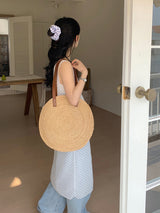 Women’s Round Raffia Woven Shoulder Bag with Genuine Leather Straps Tote Bag for Beach, Vacation & Summer Outfits