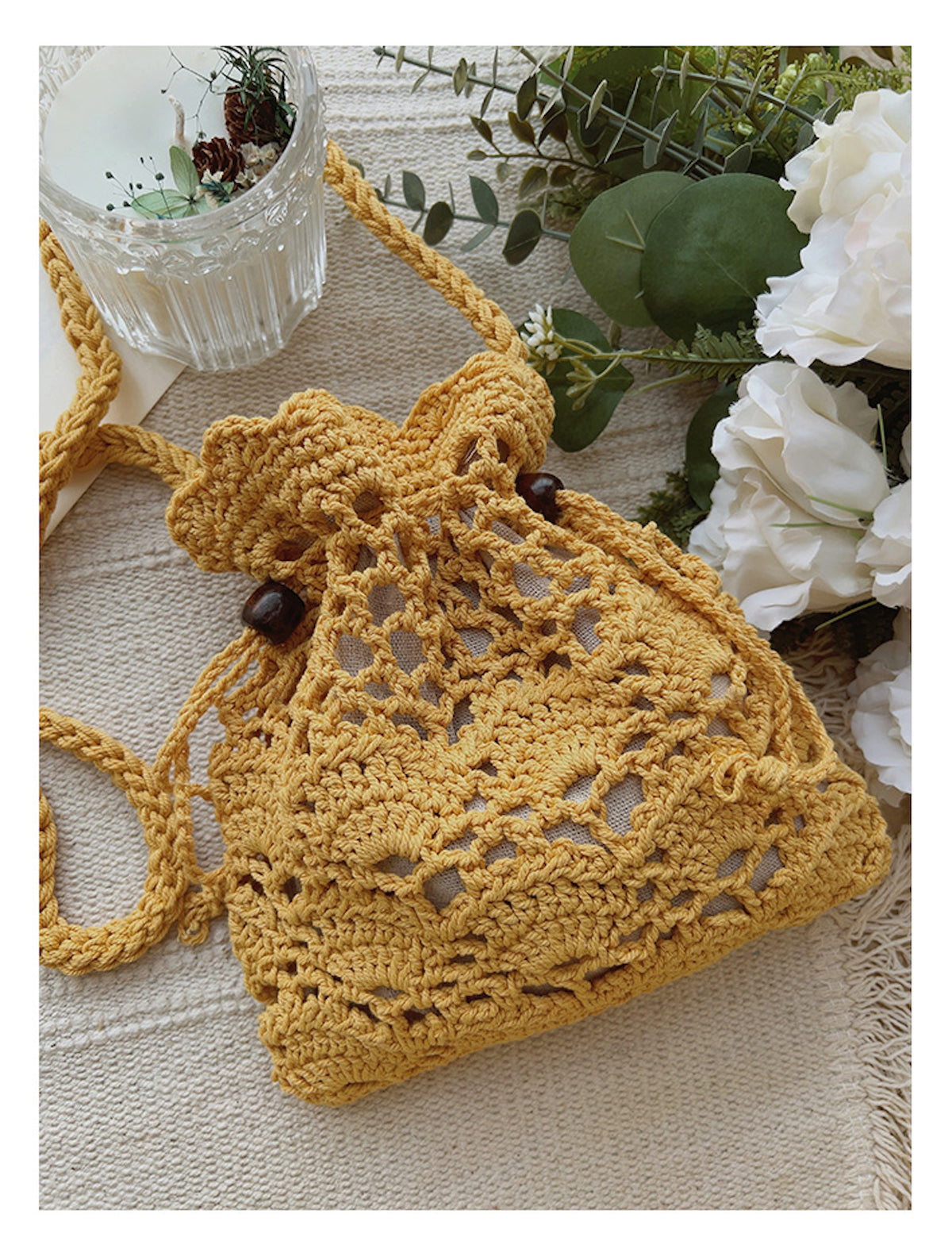 Women’s Floral Cotton Knitted Shoulder Drawstring Bag with Tassel Crossbody Bag for Boho Everyday Style & Gifts