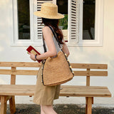 Women’s Straw Woven Tote with Leather Straps for Beach, Vacation & Summer Outfits