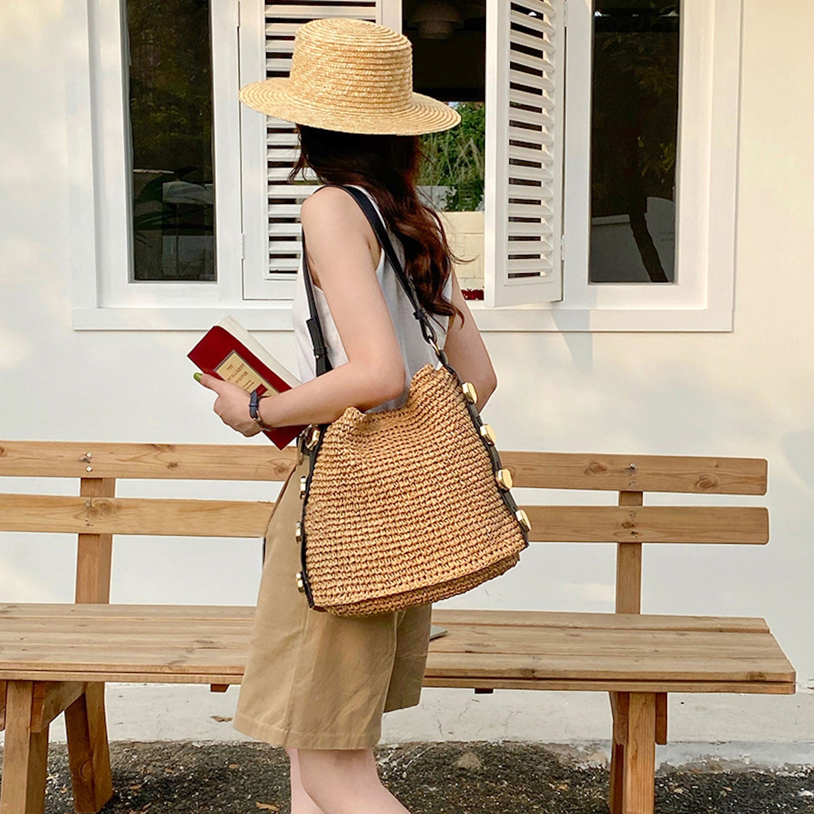 Women’s Straw Woven Tote with Leather Straps for Beach, Vacation & Summer Outfits