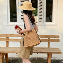 Women’s Straw Woven Tote with Leather Straps for Beach, Vacation & Summer Outfits