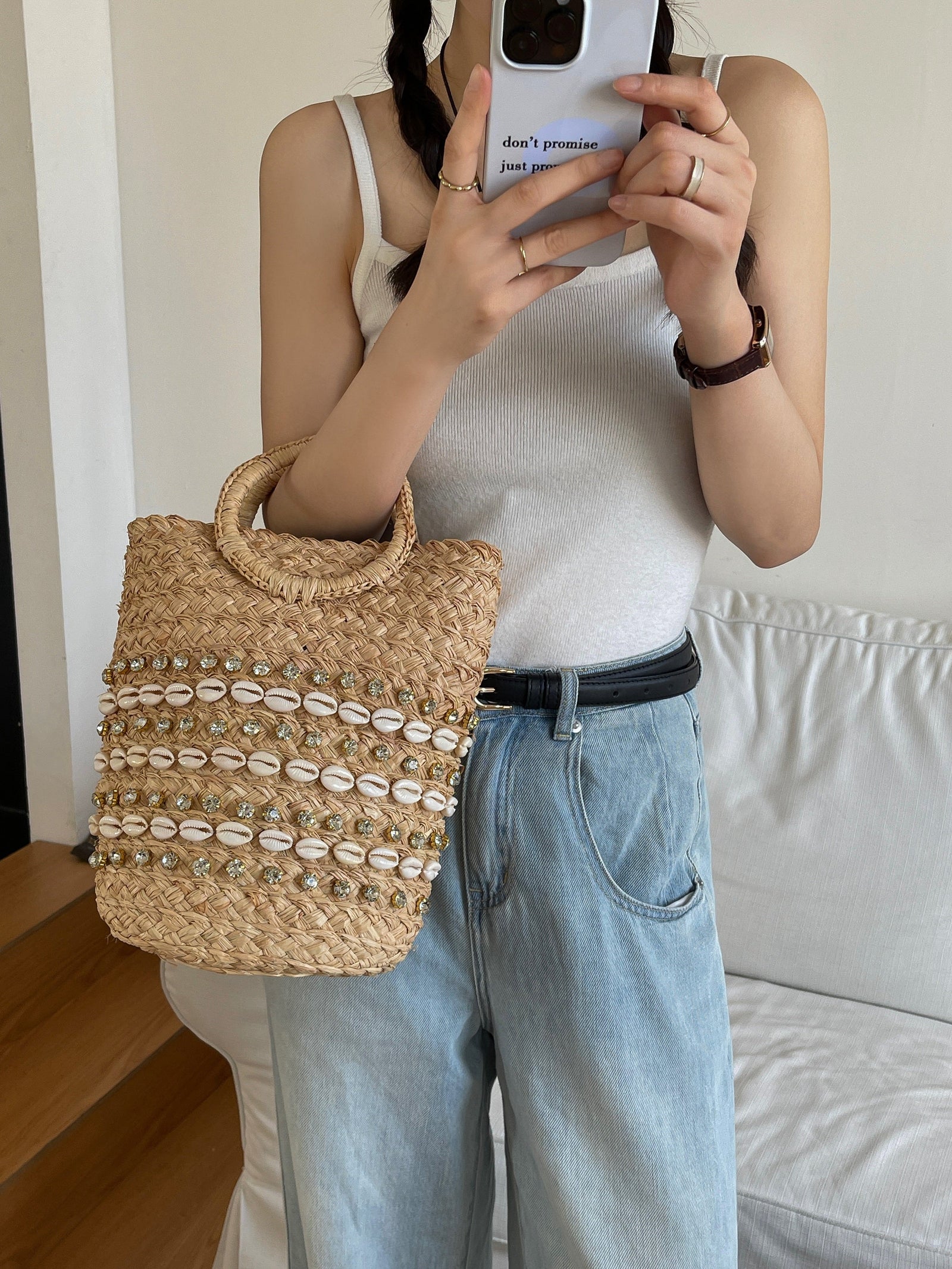 Women’s Summer Raffia Straw Beach Basket Handbag Drawstring Bag for Beach, Vacation & Summer Outfits