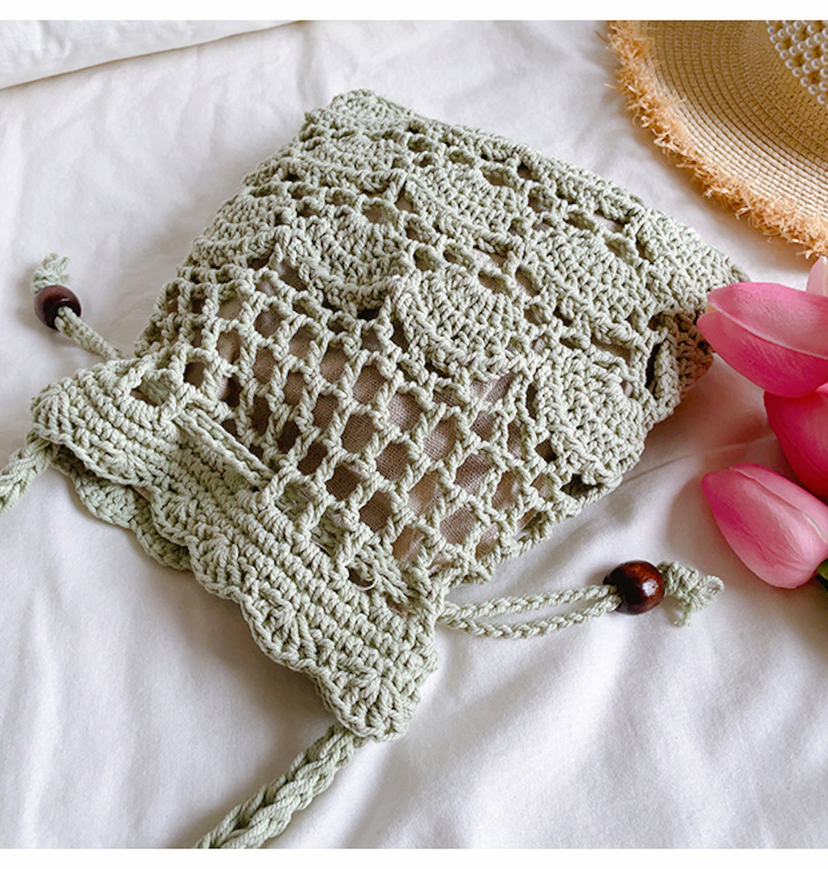 Women’s Floral Cotton Knitted Shoulder Drawstring Bag with Tassel Crossbody Bag for Boho Everyday Style & Gifts