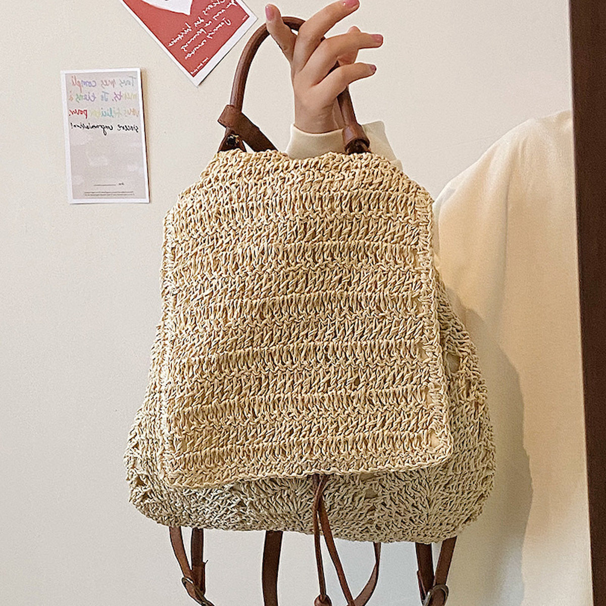 Women’s Straw Backpack with Leather Strap Tote Bag for Beach, Vacation & Summer Outfits