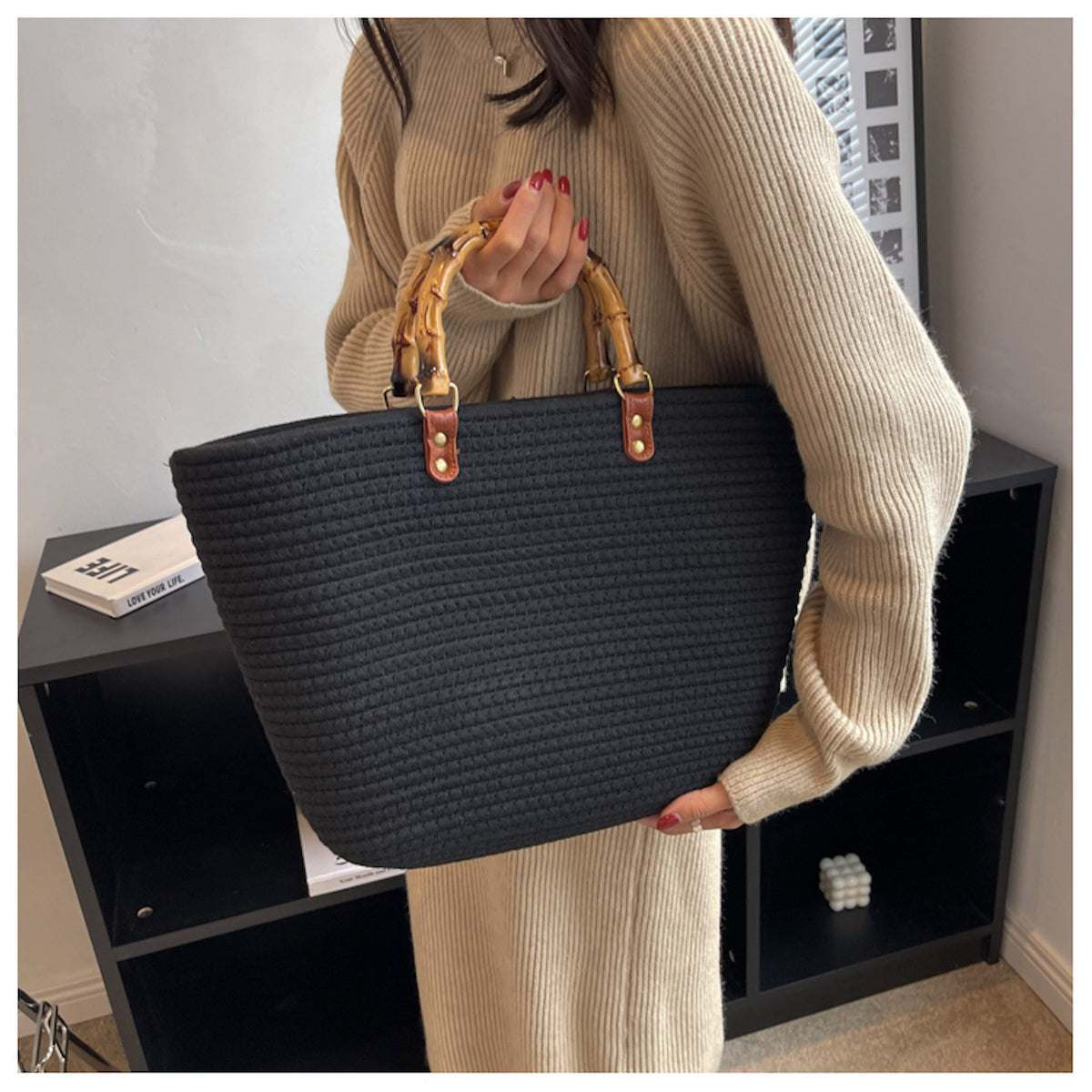 Women’s Knitted Cotton Retro Woven Tote Basket Bag for Boho Everyday Style & Gifts