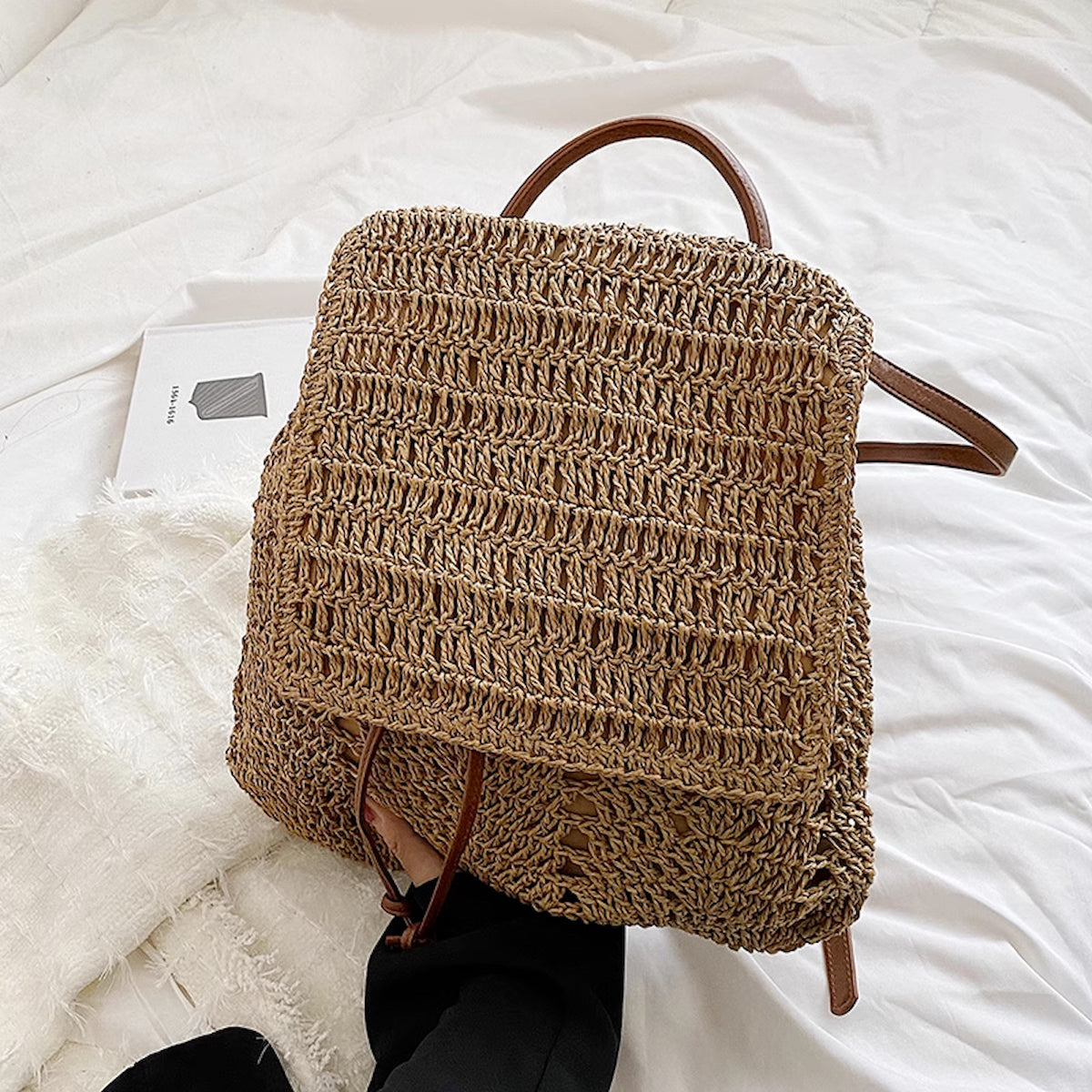 Women’s Straw Backpack with Leather Strap Tote Bag for Beach, Vacation & Summer Outfits