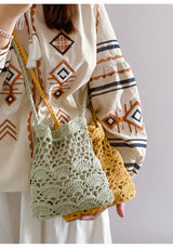 Women’s Floral Cotton Knitted Shoulder Drawstring Bag with Tassel Crossbody Bag for Boho Everyday Style & Gifts