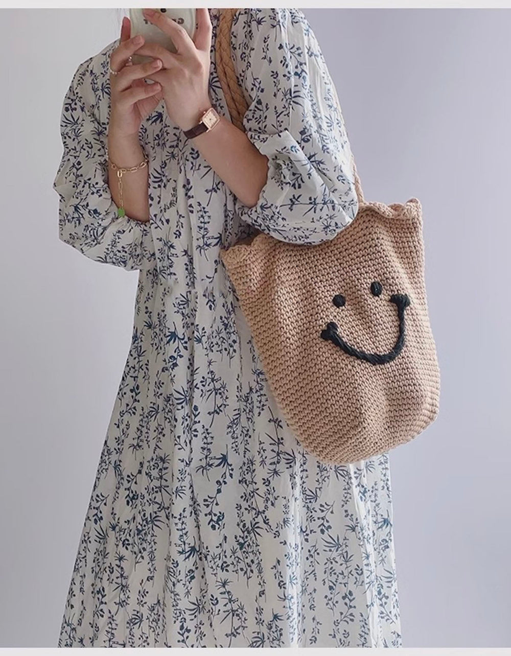 Baumwoll-Strick-Umhängetasche mit Smiley-Gesicht für Bohème-Alltagsstil & Geschenke für Damen