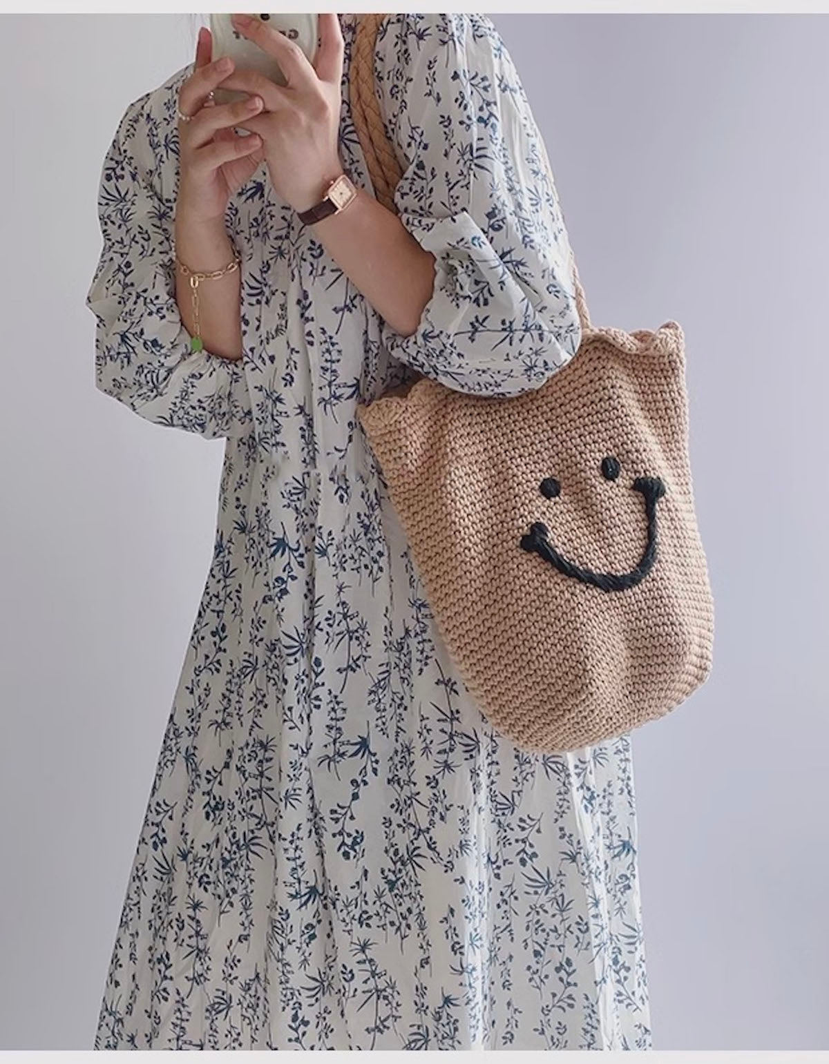 Women’s Cotton Knit Smiley Face Shoulder Bag Purse for Boho Everyday Style & Gifts