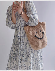 Women’s Cotton Knit Smiley Face Shoulder Bag Purse for Boho Everyday Style & Gifts