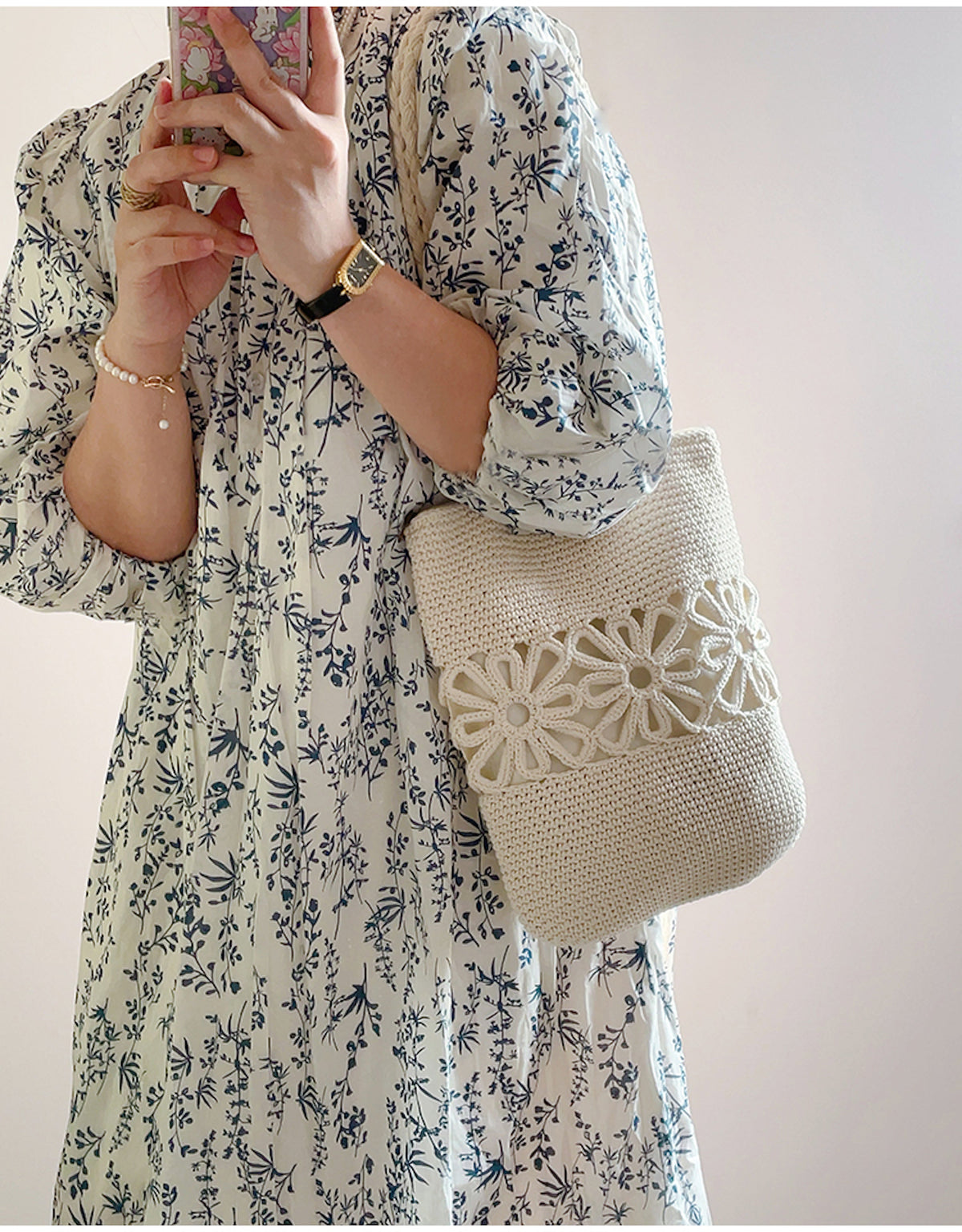 Women’s Crochet Medium Cotton Bag with Floral Design Purse for Boho Everyday Style & Gifts