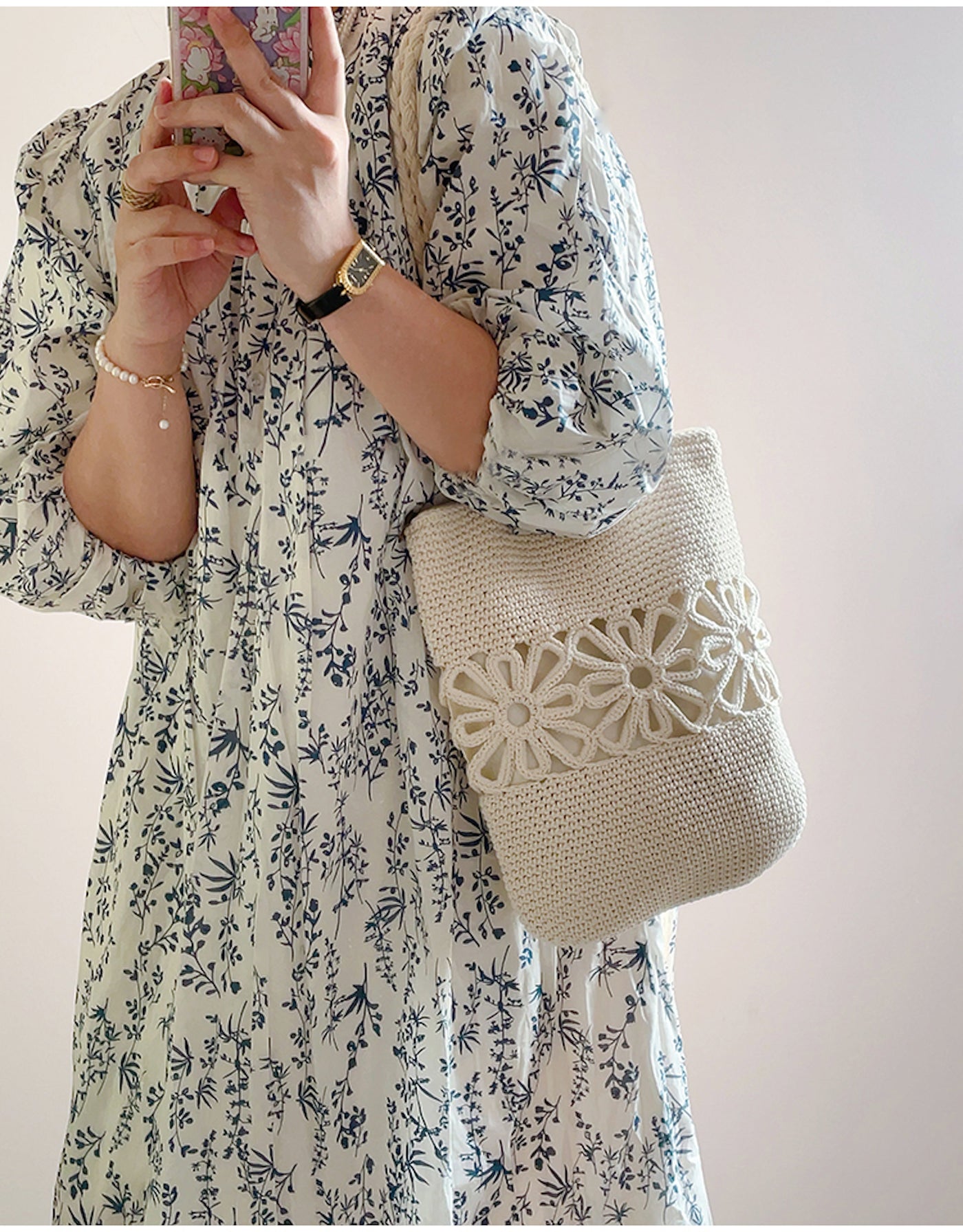 Women’s Crochet Medium Cotton Bag with Floral Design Purse for Boho Everyday Style & Gifts