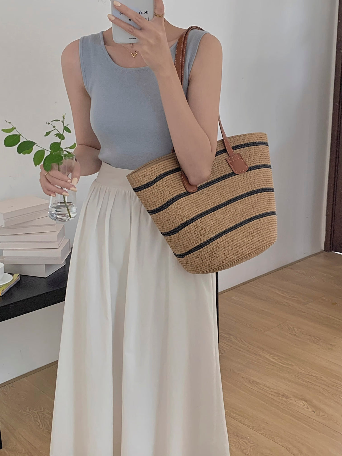 Women’s Straw Summer Tote Beach Bag with Stripes for Beach, Vacation & Summer Outfits