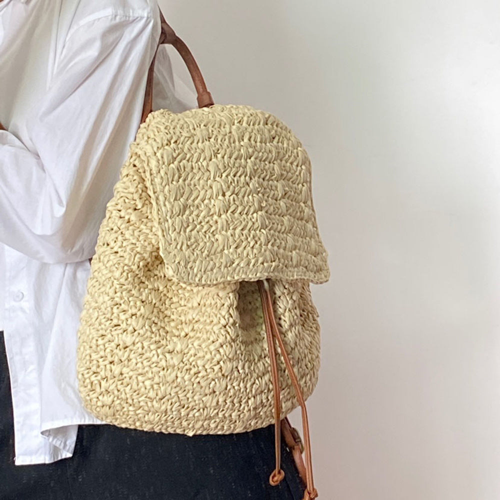 Women’s Straw Backpack with Vegan Leather Strap Drawstring Bag for Beach, Vacation & Summer Outfits