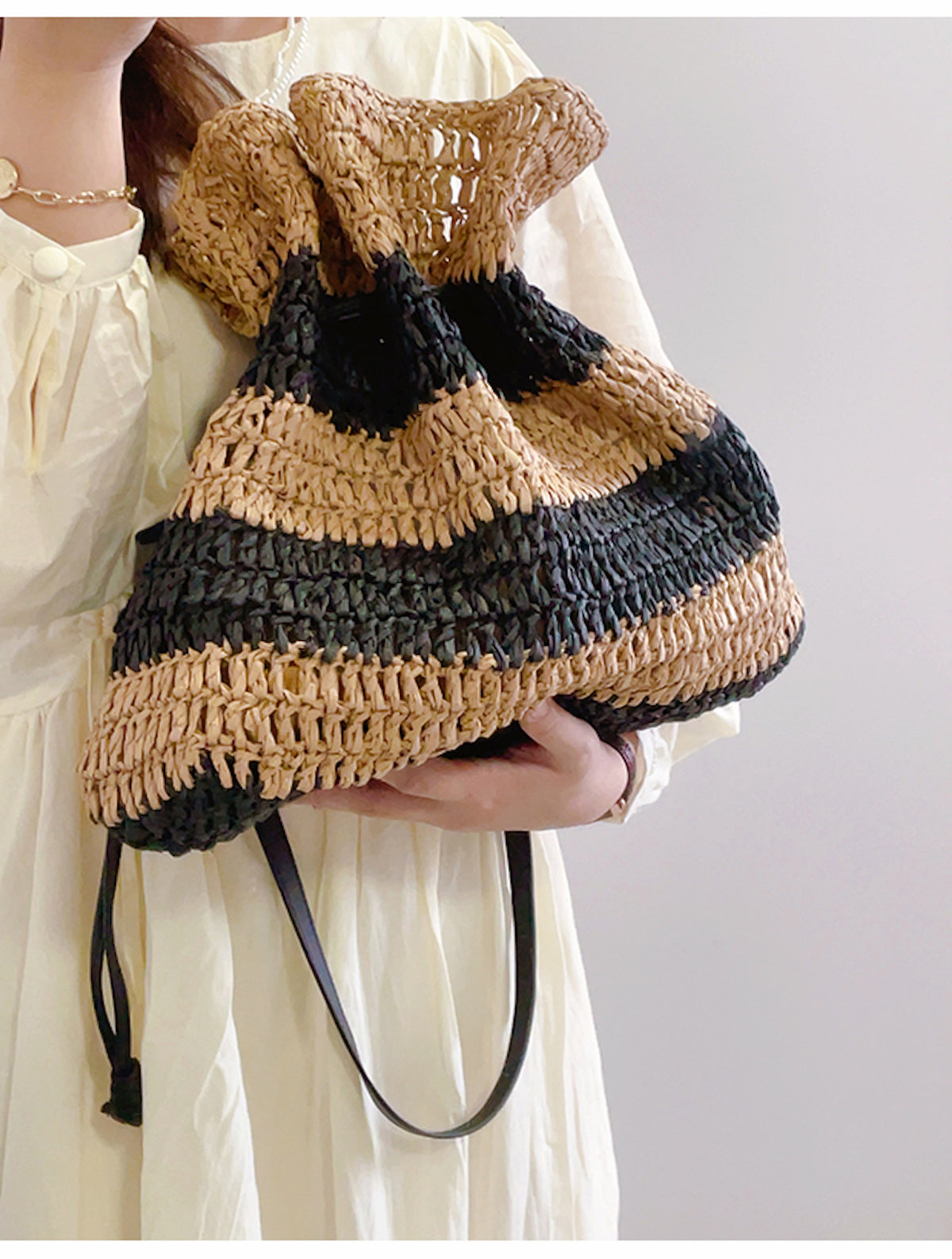 Women’s Stripe Straw Drawstring Bag Tote Bag for Beach, Vacation & Summer Outfits
