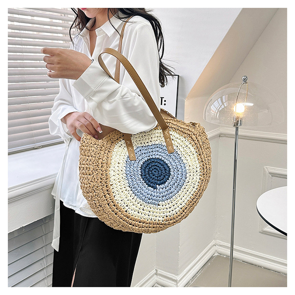Women’s Boho Round Beach Straw Tote for Beach, Vacation & Summer Outfits