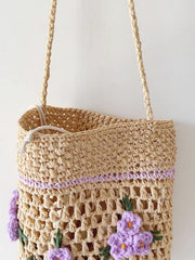 Women’s Floral Raffia Shoulder Bucket Bag Lavender Straw Bag for Beach, Vacation & Summer Outfits