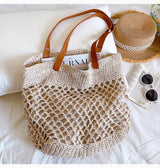 Women’s Retro Fish Net Cotton Knitted Shoulder Bag with Leather Straps for Boho Everyday Style & Gifts