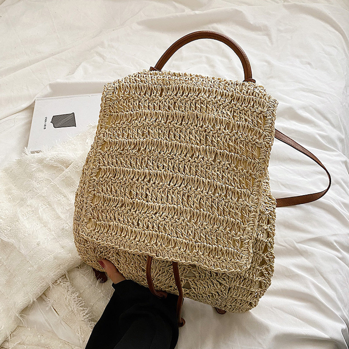 Women’s Straw Backpack with Leather Strap Tote Bag for Beach, Vacation & Summer Outfits