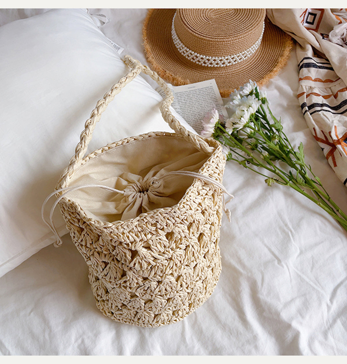 Women’s Patterned Straw Shoulder Bucket Bag for Beach, Vacation & Summer Outfits