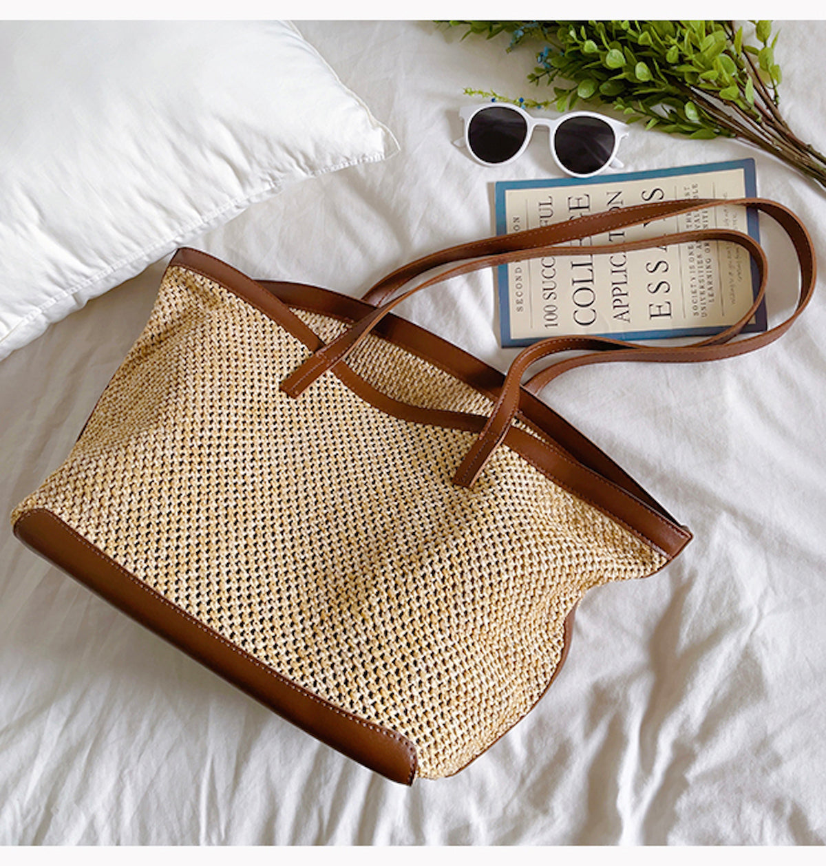 Women’s Straw Woven Tote Bag with Leather Trims for Beach, Vacation & Summer Outfits