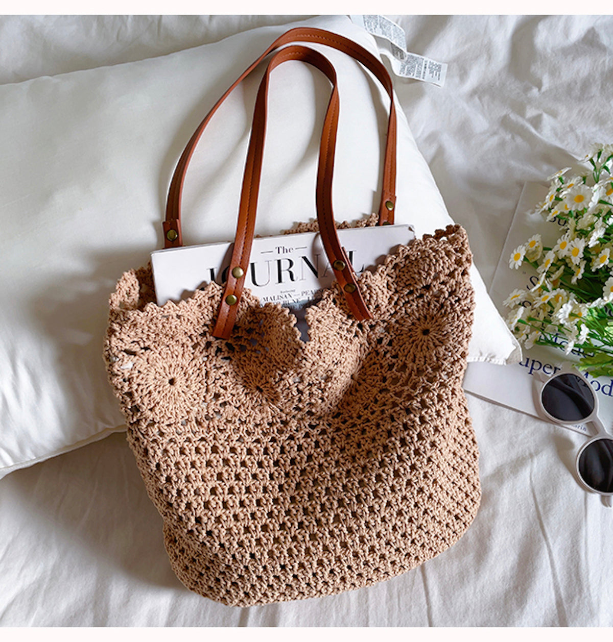 Women’s Floral Design Cotton Knitted Shoulder Bag for Boho Everyday Style & Gifts