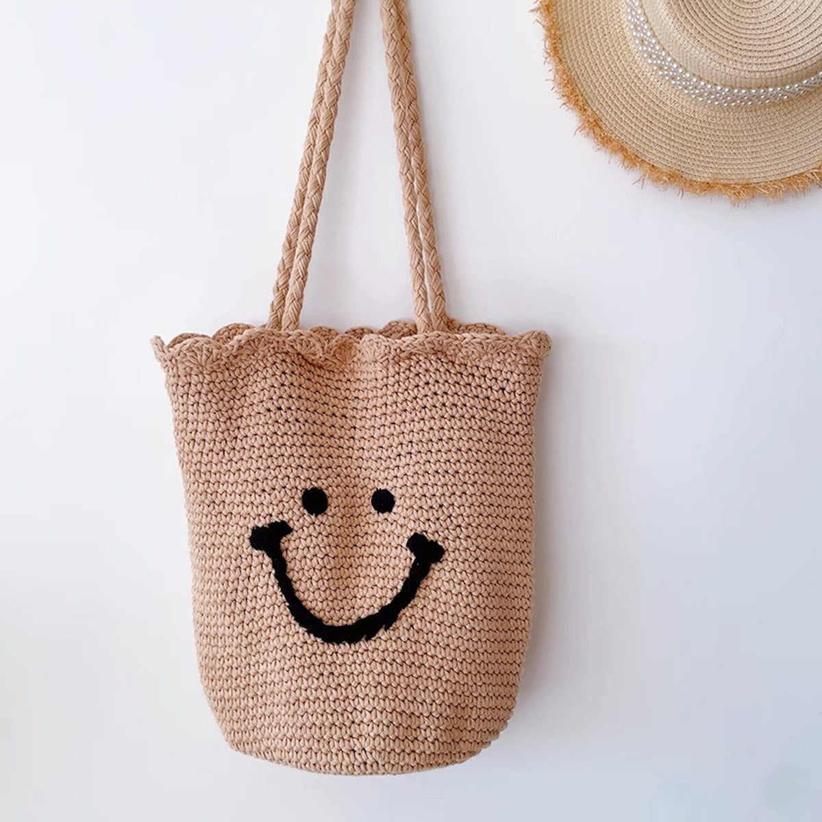 Women’s Cotton Knit Smiley Face Shoulder Bag Purse for Boho Everyday Style & Gifts