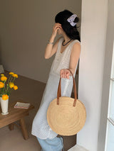 Women’s Round Raffia Woven Shoulder Bag with Genuine Leather Straps Tote Bag for Beach, Vacation & Summer Outfits