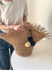 Women’s Straw Woven Basket Shape Tote with Pom Pom for Beach, Vacation & Summer Outfits