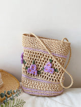 Women’s Floral Raffia Shoulder Bucket Bag Lavender Straw Bag for Beach, Vacation & Summer Outfits