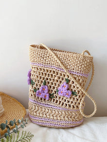 Women’s Floral Raffia Shoulder Bucket Bag Lavender Straw Bag for Beach, Vacation & Summer Outfits