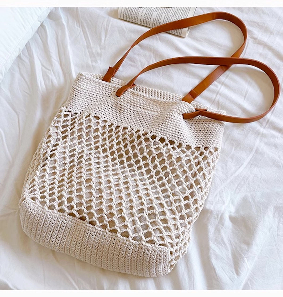 Women’s Retro Fish Net Cotton Knitted Shoulder Bag with Leather Straps for Boho Everyday Style & Gifts