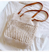 Women’s Retro Fish Net Cotton Knitted Shoulder Bag with Leather Straps for Boho Everyday Style & Gifts