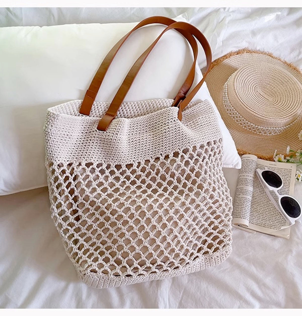 Women’s Retro Fish Net Cotton Knitted Shoulder Bag with Leather Straps for Boho Everyday Style & Gifts