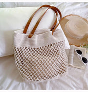 Women’s Retro Fish Net Cotton Knitted Shoulder Bag with Leather Straps for Boho Everyday Style & Gifts