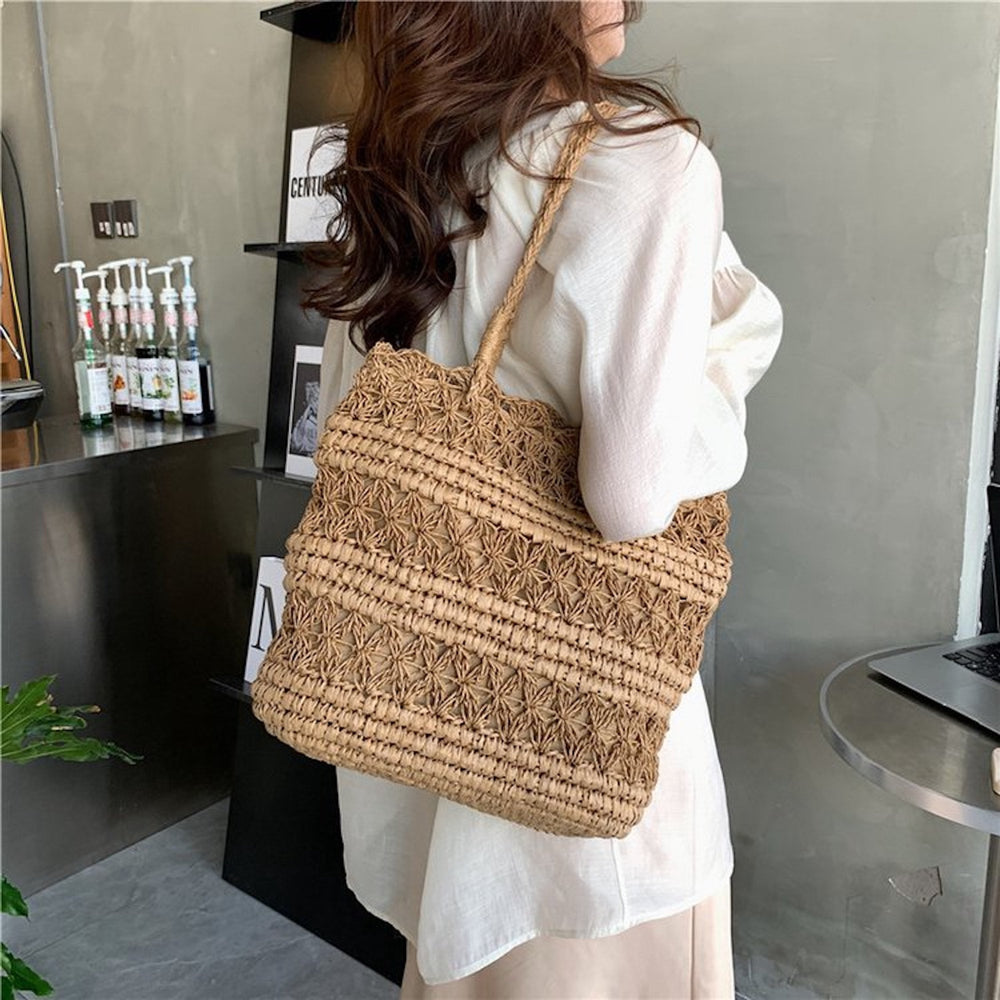 Damentasche mit langem Henkel, Blumenmuster, aus Stroh, Strandtasche für Strand, Urlaub & Sommeroutfits