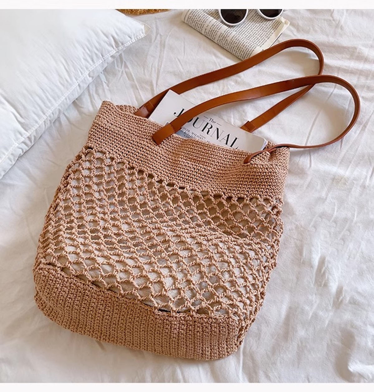 Women’s Retro Fish Net Cotton Knitted Shoulder Bag with Leather Straps for Boho Everyday Style & Gifts