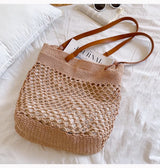 Women’s Retro Fish Net Cotton Knitted Shoulder Bag with Leather Straps for Boho Everyday Style & Gifts